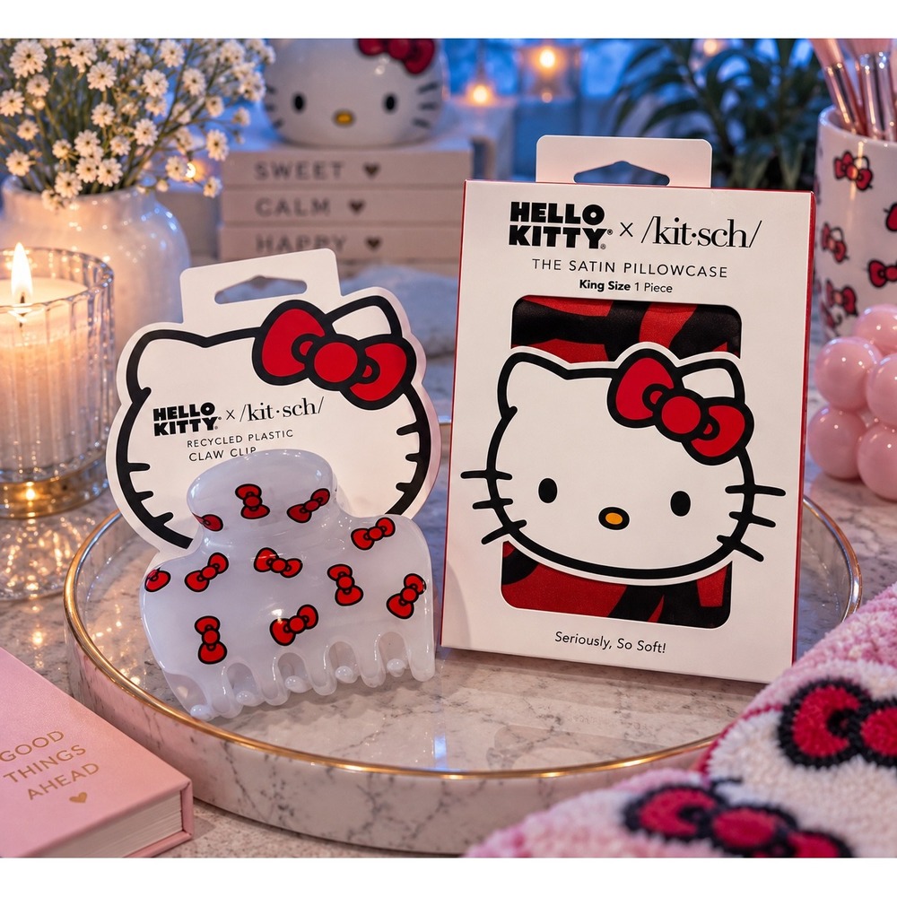 Hello Kitty x Kitsch Satin Pillowcase King Size and Recycled Claw Clip Set Red